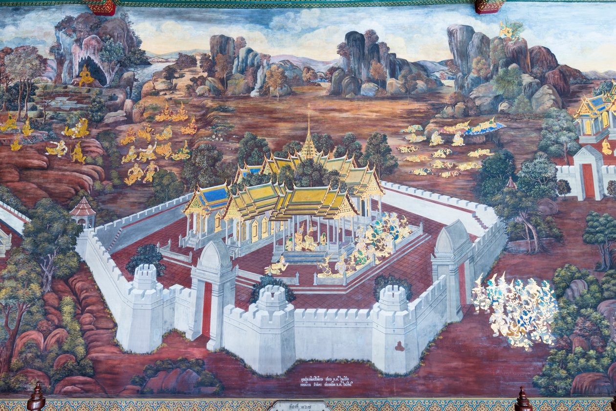 Seinämaalaus, joka kuvaa kohtauksia Ramayanasta Wat Phra Kaeossa, Kuninkaallisesta palatsista, Bangkokista, Thaimaasta tekijältä Thai School