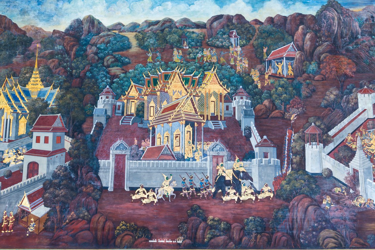 Seinämaalaus, joka kuvaa kohtauksia Ramayanasta Wat Phra Kaeossa, Kuninkaallisesta palatsista, Bangkokista, Thaimaasta tekijältä Thai School