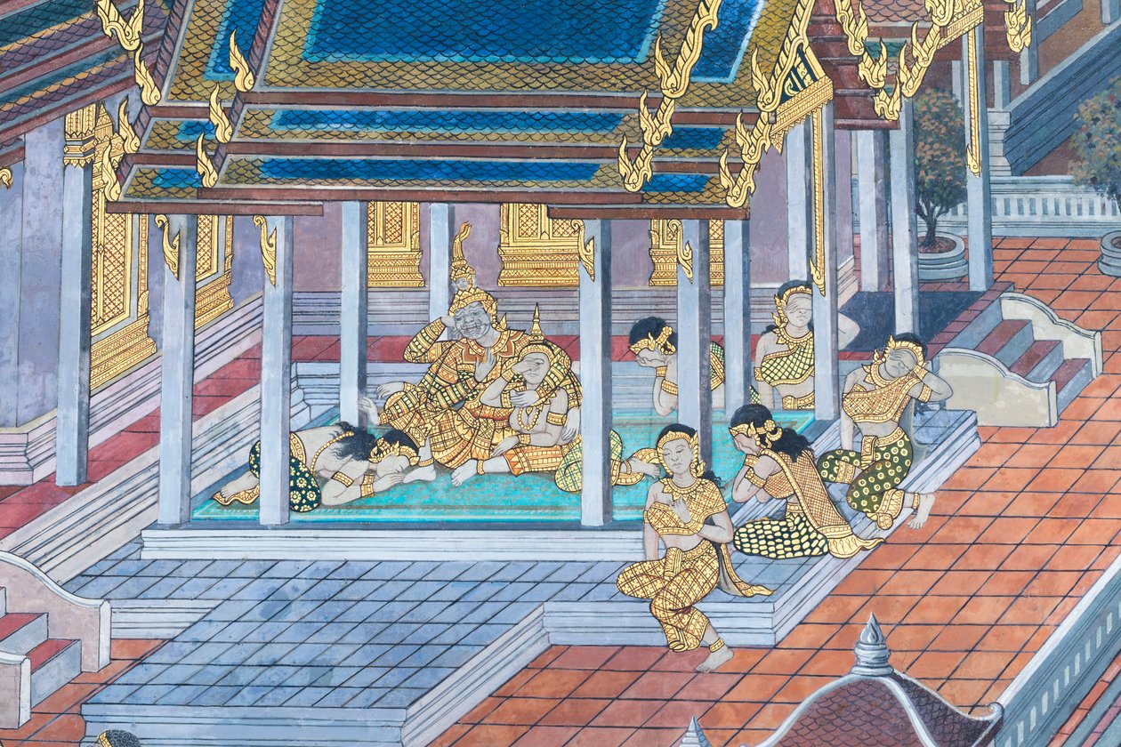 Seinämaalaus, joka kuvaa kohtauksia Ramayanasta Wat Phra Kaeossa, Kuninkaallisesta palatsista, Bangkokista, Thaimaasta tekijältä Thai School