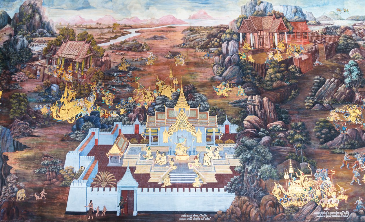 Seinämaalaus, joka kuvaa kohtauksia Ramayanasta Wat Phra Kaeossa, Kuninkaallisesta palatsista, Bangkokista, Thaimaasta tekijältä Thai School