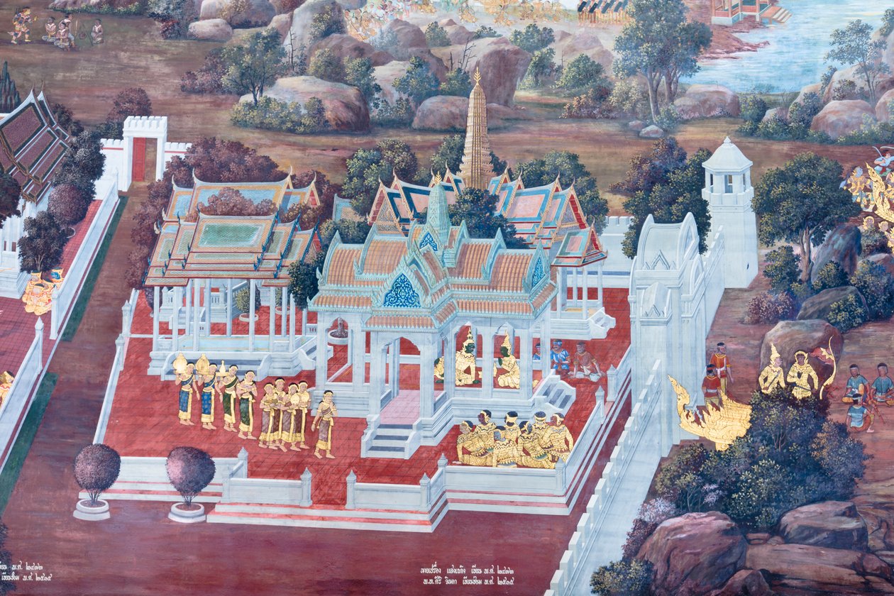 Seinämaalaus, joka kuvaa kohtauksia Ramayanasta Wat Phra Kaeossa, Kuninkaallisesta palatsista, Bangkokista, Thaimaasta tekijältä Thai School