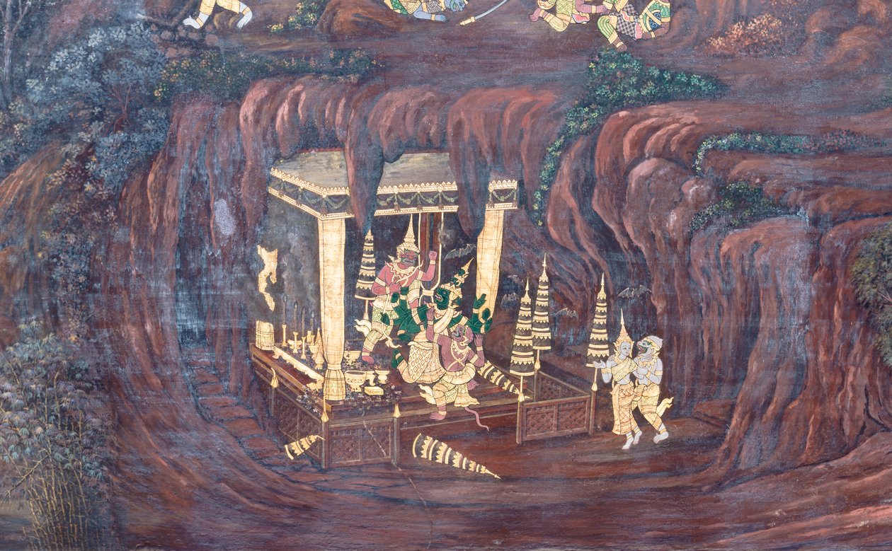 Seinämaalaus, joka kuvaa kohtauksia Ramayanasta Wat Phra Kaeossa, Kuninkaallisesta palatsista, Bangkokista, Thaimaasta tekijältä Thai School