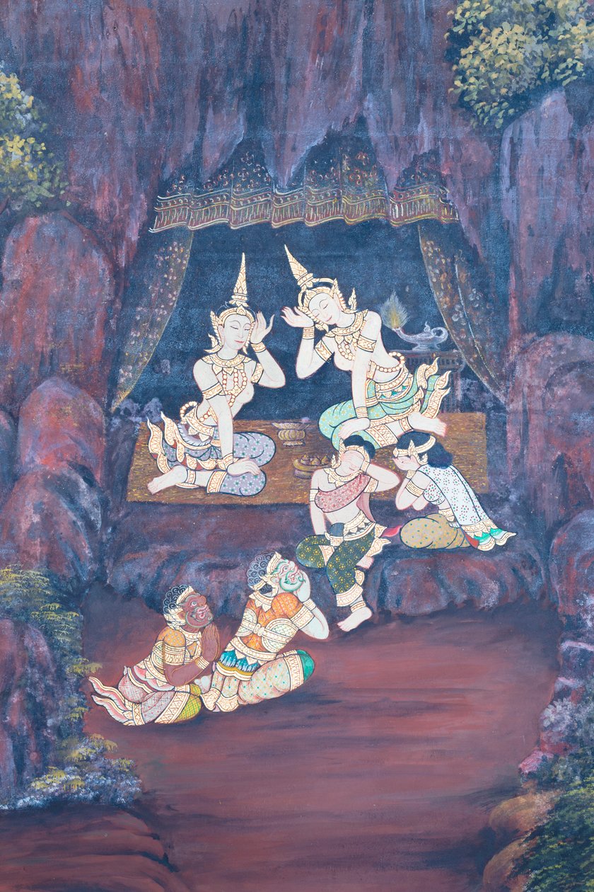 Seinämaalaus, joka kuvaa kohtauksia Ramayanasta Wat Phra Kaeossa, Kuninkaallisesta palatsista, Bangkokista, Thaimaasta tekijältä Thai School