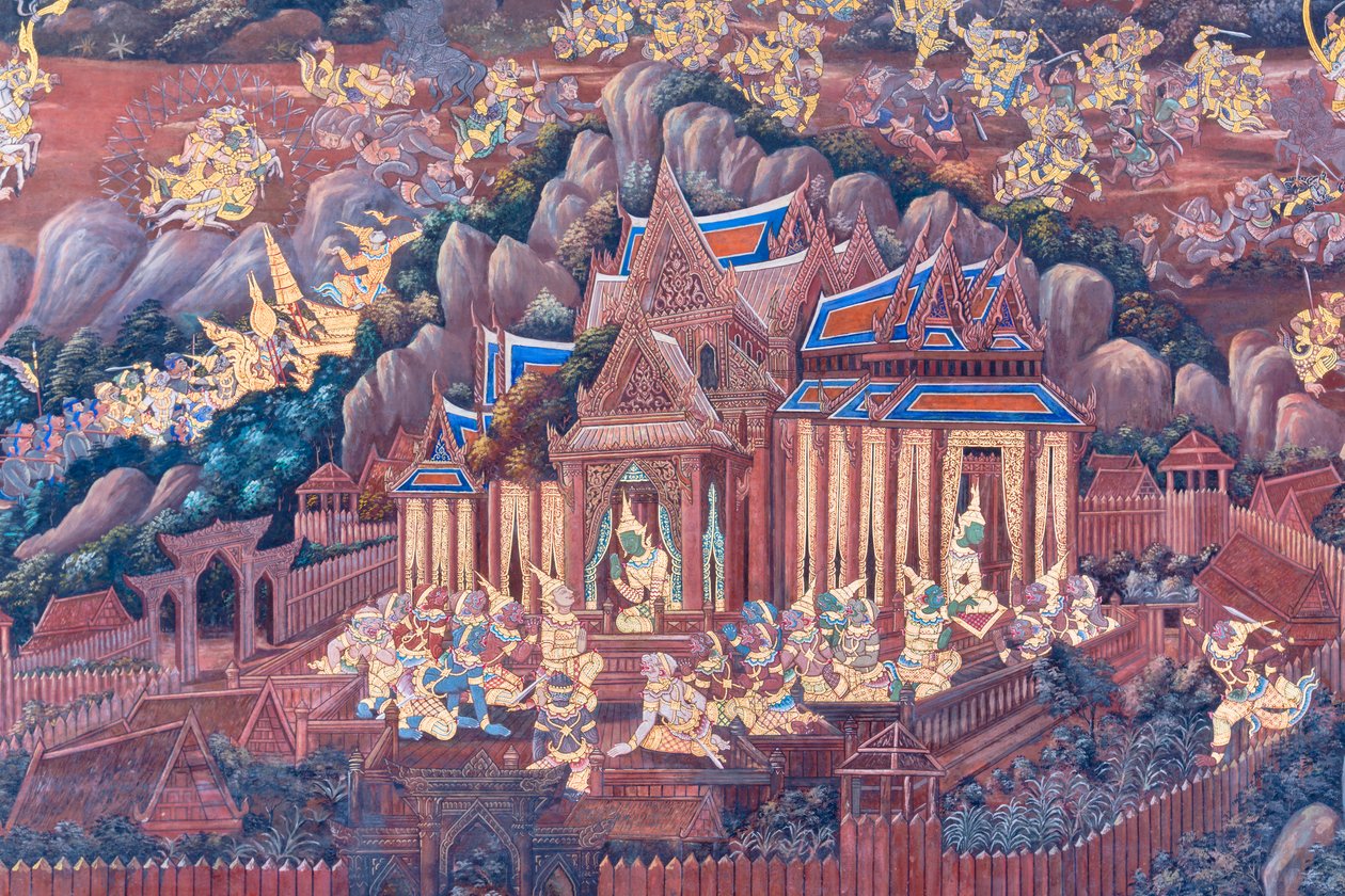 Seinämaalaus, joka kuvaa kohtauksia Ramayanasta Wat Phra Kaeossa, Kuninkaallisesta palatsista, Bangkokista, Thaimaasta tekijältä Thai School