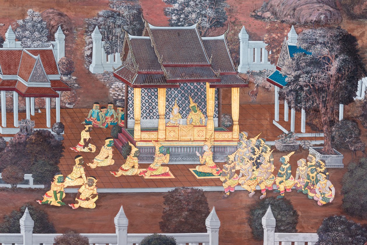 Seinämaalaus, joka kuvaa kohtauksia Ramayanasta Wat Phra Kaeossa, Kuninkaallisesta palatsista, Bangkokista, Thaimaasta tekijältä Thai School