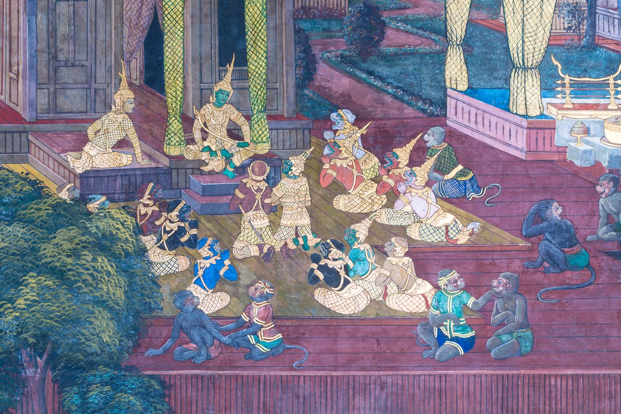 Seinämaalaus, joka kuvaa kohtauksia Ramayanasta Wat Phra Kaeossa, Kuninkaallisesta palatsista, Bangkokista, Thaimaasta tekijältä Thai School