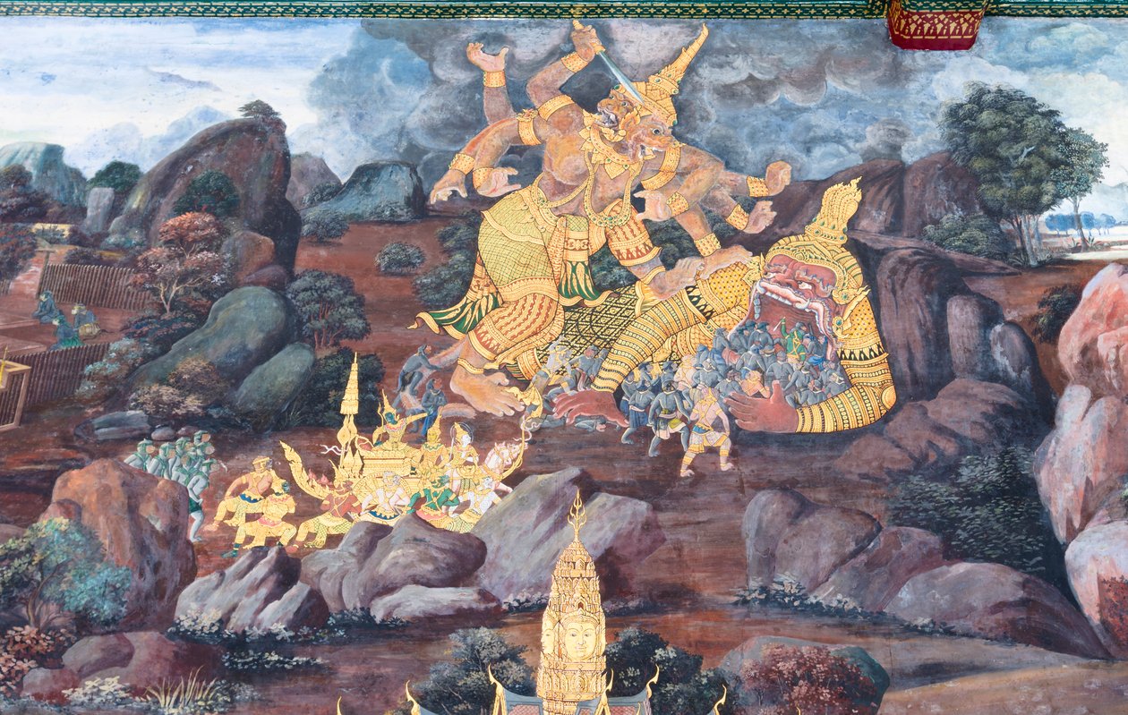 Seinämaalaus, joka kuvaa kohtauksia Ramayanasta Wat Phra Kaeossa, Kuninkaallisesta palatsista, Bangkokista, Thaimaasta tekijältä Thai School