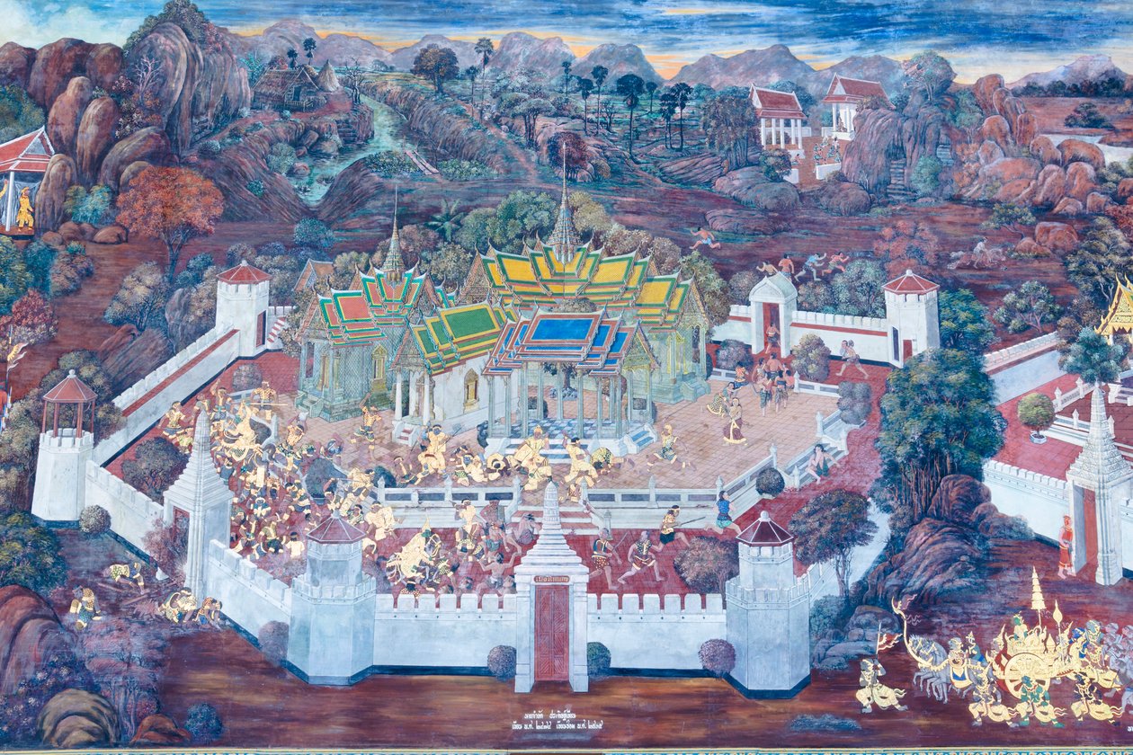 Seinämaalaus, joka kuvaa kohtauksia Ramayanasta Wat Phra Kaeossa, Kuninkaallisesta palatsista, Bangkokista, Thaimaasta tekijältä Thai School