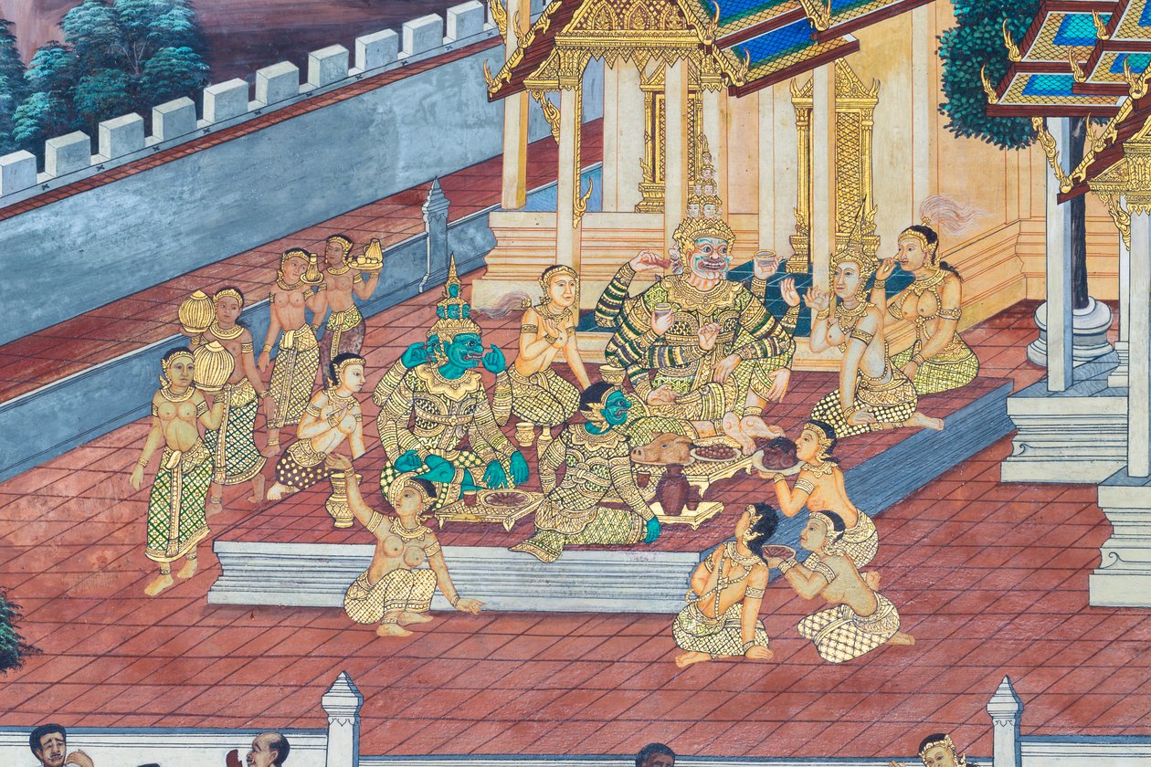Seinämaalaus, joka kuvaa kohtauksia Ramayanasta Wat Phra Kaeossa, Kuninkaallisesta palatsista, Bangkokista, Thaimaasta tekijältä Thai School