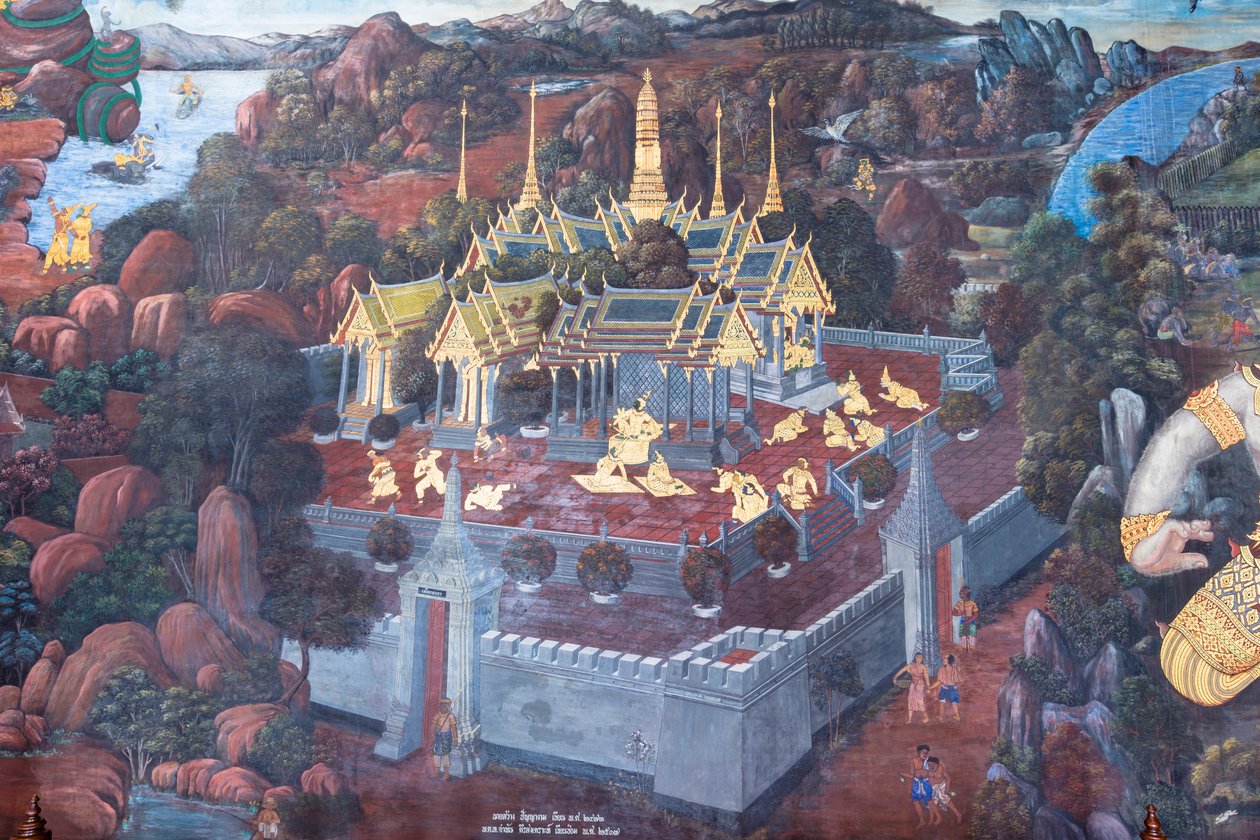 Seinämaalaus, joka kuvaa kohtauksia Ramayanasta Wat Phra Kaeossa, Kuninkaallisesta palatsista, Bangkokista, Thaimaasta tekijältä Thai School