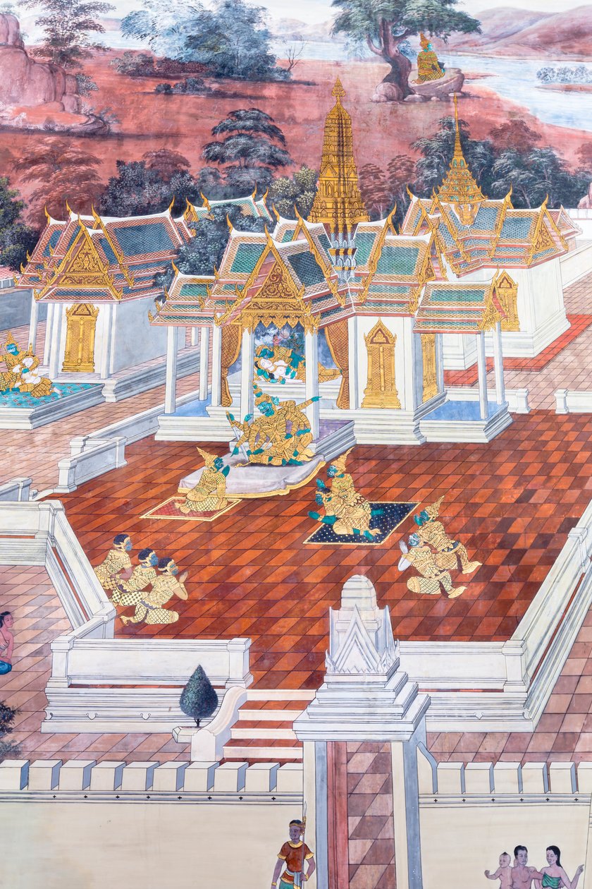 Seinämaalaus, joka kuvaa kohtauksia Ramayanasta Wat Phra Kaeossa, Kuninkaallisesta palatsista, Bangkokista, Thaimaasta tekijältä Thai School