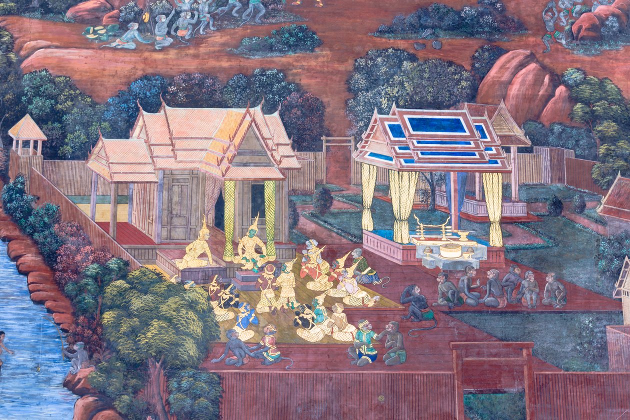 Seinämaalaus, joka kuvaa kohtauksia Ramayanasta Wat Phra Kaeossa, Kuninkaallisesta palatsista, Bangkokista, Thaimaasta tekijältä Thai School