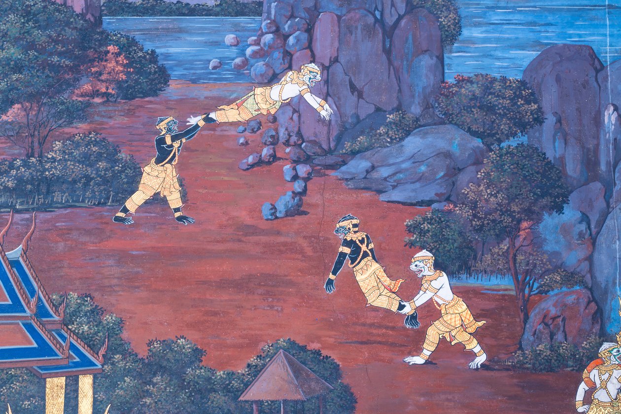 Seinämaalaus, joka kuvaa kohtauksia Ramayanasta Wat Phra Kaeossa, Kuninkaallisesta palatsista, Bangkokista, Thaimaasta tekijältä Thai School