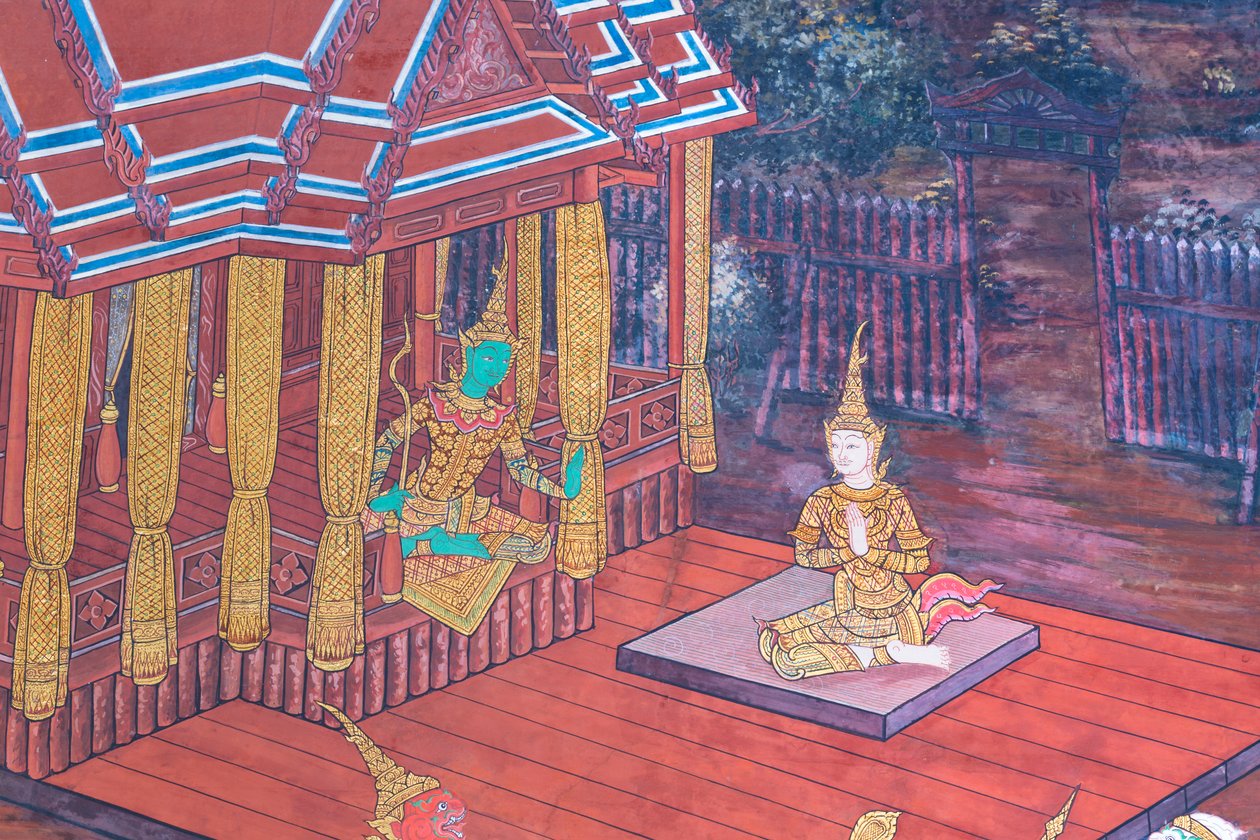 Seinämaalaus, joka kuvaa kohtauksia Ramayanasta Wat Phra Kaeossa, Kuninkaallisesta palatsista, Bangkokista, Thaimaasta tekijältä Thai School