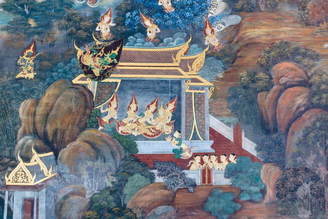 Mural ilustrând scene din Ramayana la Wat Phra Kaeo, Marele Palat Regal, Bangkok, Thailanda finlandeză tekijältä Thai School