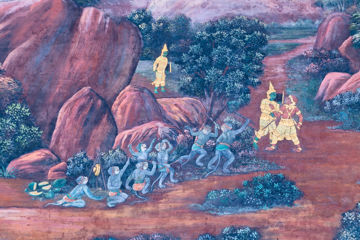 Seinämaalaus, joka kuvaa kohtauksia Ramayanasta Wat Phra Kaeossa, Kuninkaallisesta palatsista, Bangkokista, Thaimaasta tekijältä Thai School