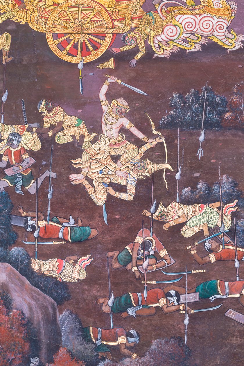 Seinämaalaus, joka kuvaa kohtauksia Ramayanasta Wat Phra Kaeossa, Kuninkaallisesta palatsista, Bangkokista, Thaimaasta tekijältä Thai School