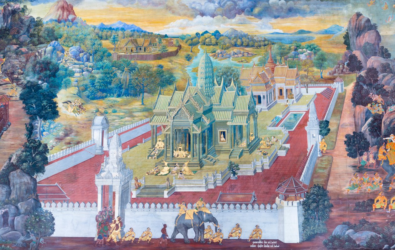 Seinämaalaus, joka kuvaa kohtauksia Ramayanasta Wat Phra Kaeossa, Kuninkaallisesta palatsista, Bangkokista, Thaimaasta tekijältä Thai School