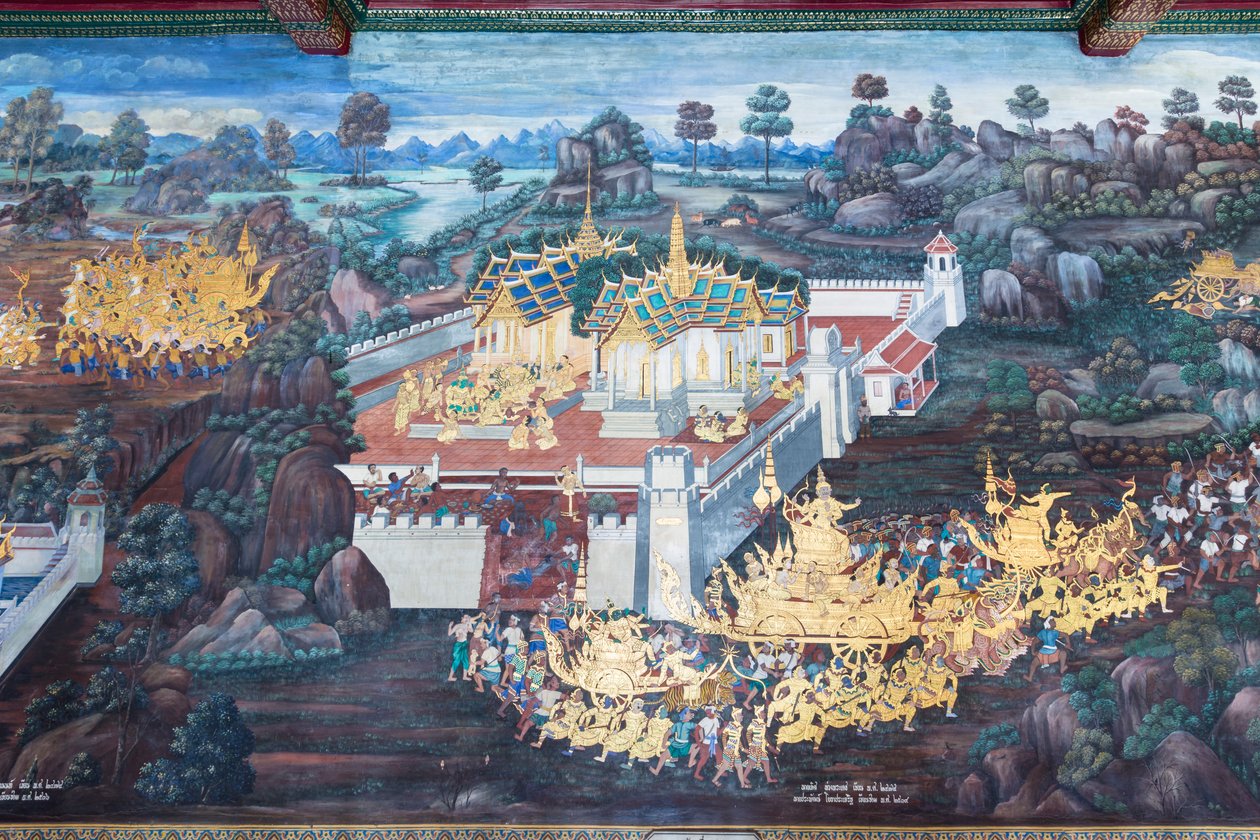Seinämaalaus, joka kuvaa kohtauksia Ramayanasta Wat Phra Kaeossa, Kuninkaallisesta palatsista, Bangkokista, Thaimaasta tekijältä Thai School