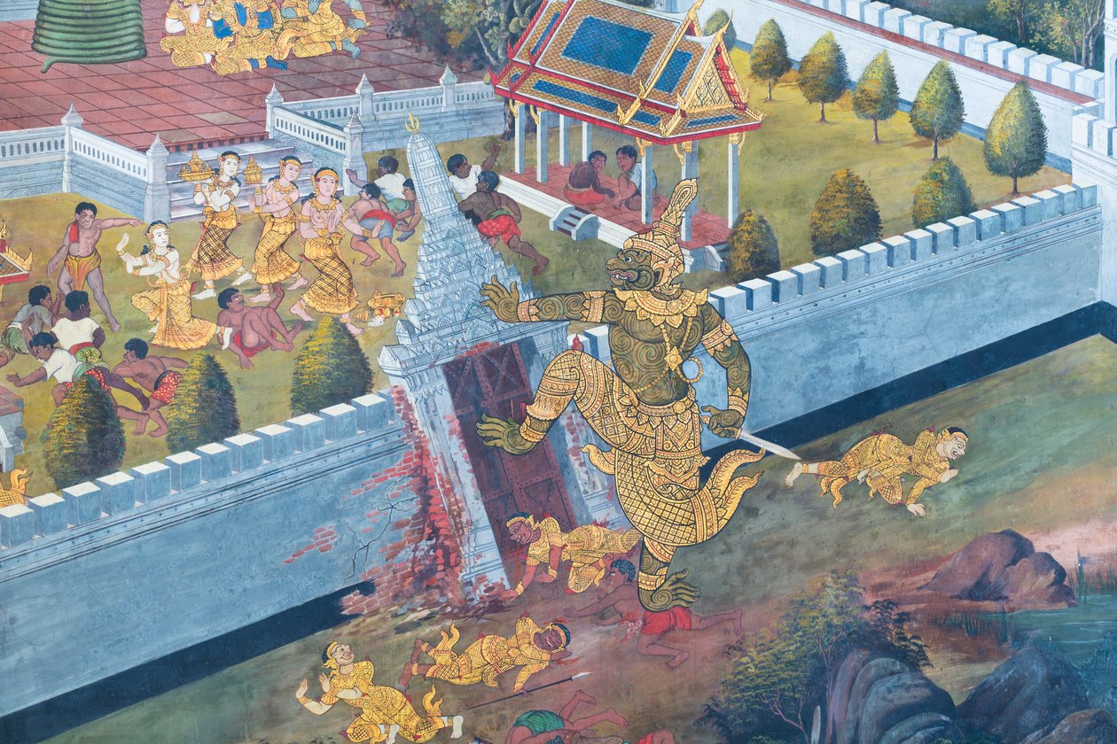 Seinämaalaus, joka kuvaa kohtauksia Ramayanasta Wat Phra Kaeossa, Kuninkaallisesta palatsista, Bangkokista, Thaimaasta tekijältä Thai School