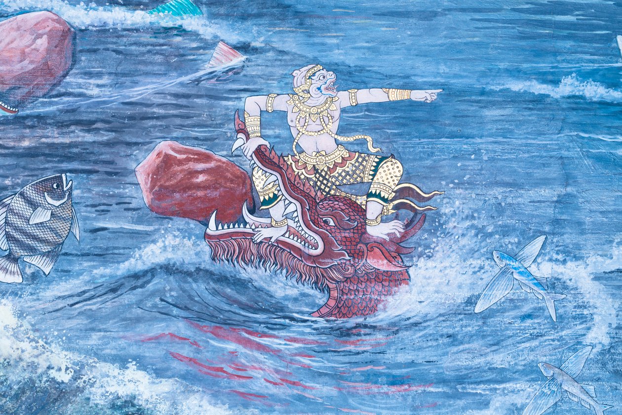 Seinämaalaus, joka kuvaa kohtauksia Ramayanasta Wat Phra Kaeossa, Kuninkaallisesta palatsista, Bangkokista, Thaimaasta tekijältä Thai School