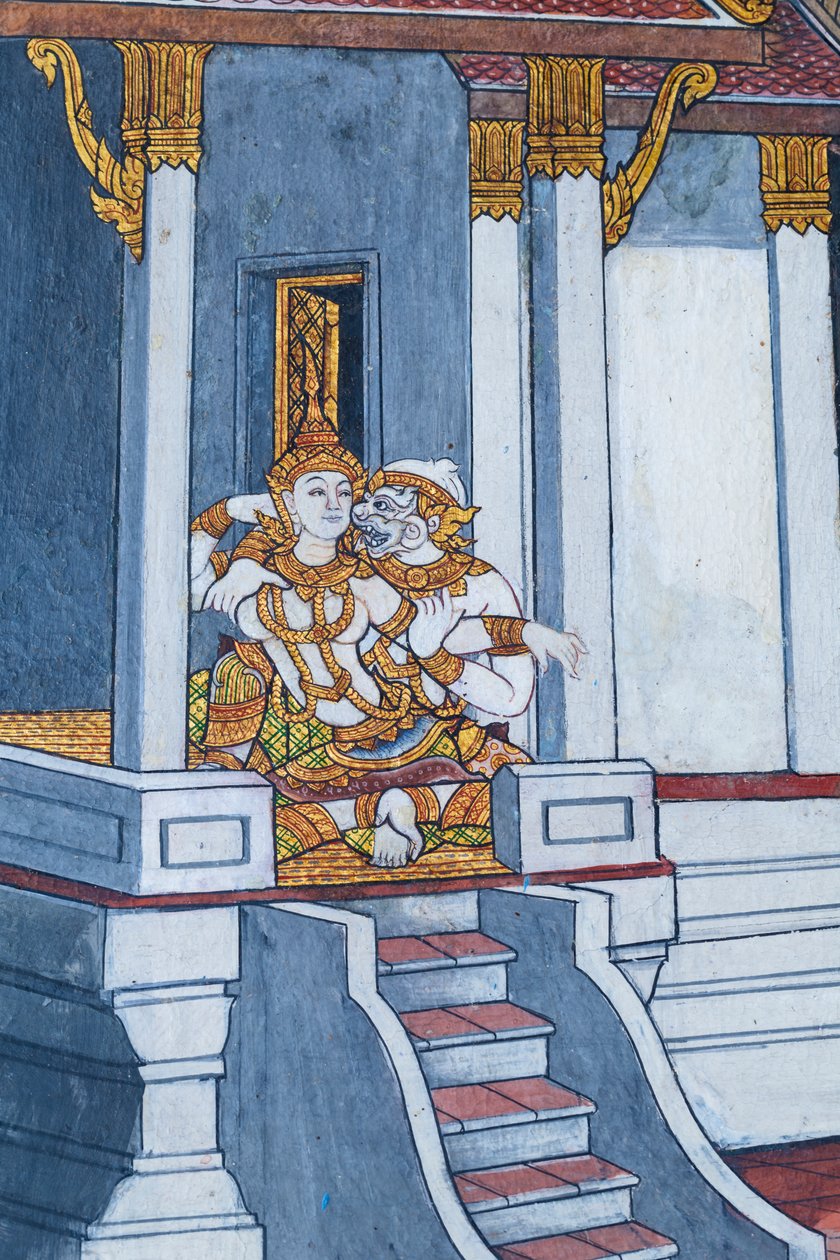 Seinämaalaus, joka kuvaa kohtauksia Ramayanasta Wat Phra Kaeossa, Kuninkaallisesta palatsista, Bangkokista, Thaimaasta tekijältä Thai School