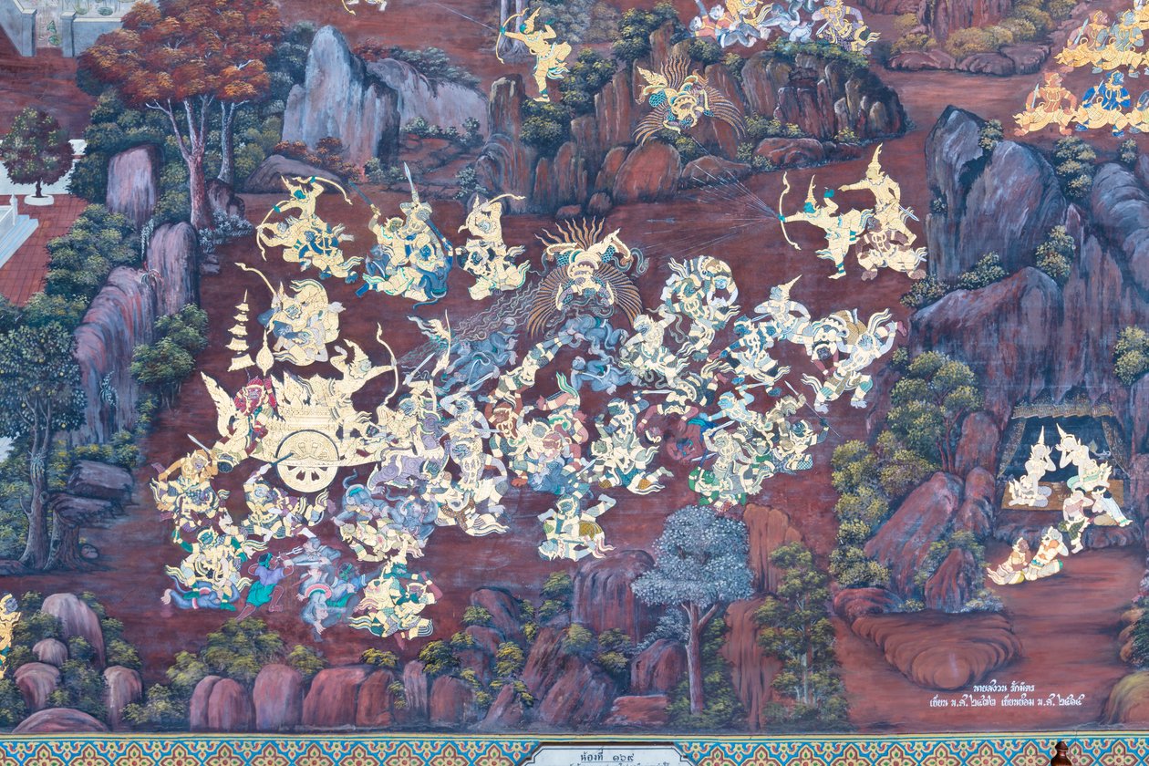 Seinämaalaus, joka kuvaa kohtauksia Ramayanasta Wat Phra Kaeossa, Kuninkaallisesta palatsista, Bangkokista, Thaimaasta tekijältä Thai School
