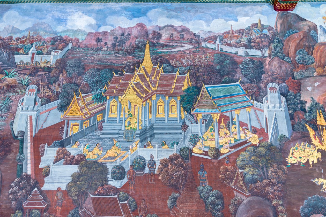 Mural retratando cenas do Ramayana em Wat Phra Kaeo, o Grande Palácio Real, Bangkok, Tailândiafinlandês tekijältä Thai School