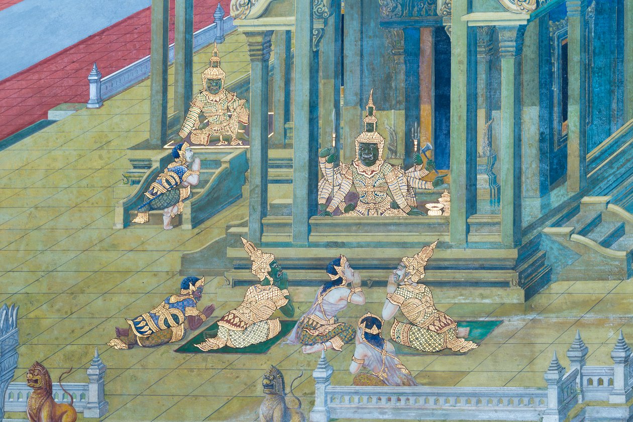 Seinämaalaus, joka kuvaa kohtauksia Ramayanasta Wat Phra Kaeossa, Kuninkaallisesta palatsista, Bangkokista, Thaimaasta tekijältä Thai School