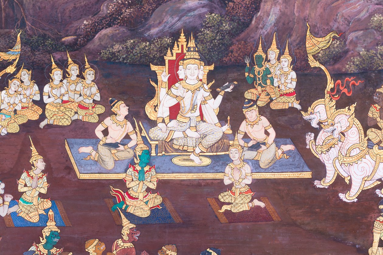 Seinämaalaus, joka kuvaa kohtauksia Ramayanasta Wat Phra Kaeossa, Kuninkaallisesta palatsista, Bangkokista, Thaimaasta tekijältä Thai School