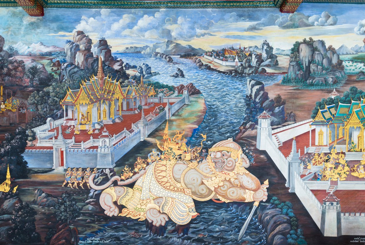 Seinämaalaus, joka kuvaa kohtauksia Ramayanasta Wat Phra Kaeossa, Kuninkaallisesta palatsista, Bangkokista, Thaimaasta tekijältä Thai School