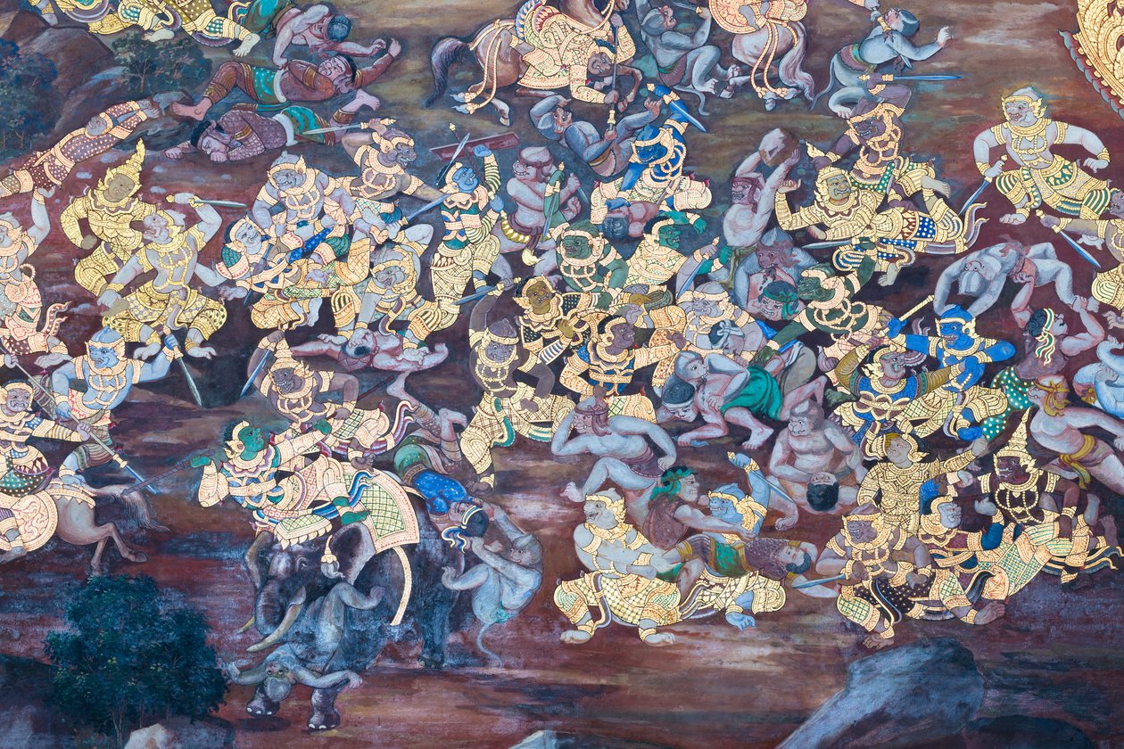 Seinämaalaus, joka kuvaa kohtauksia Ramayanasta Wat Phra Kaeossa, Kuninkaallisesta palatsista, Bangkokista, Thaimaasta tekijältä Thai School