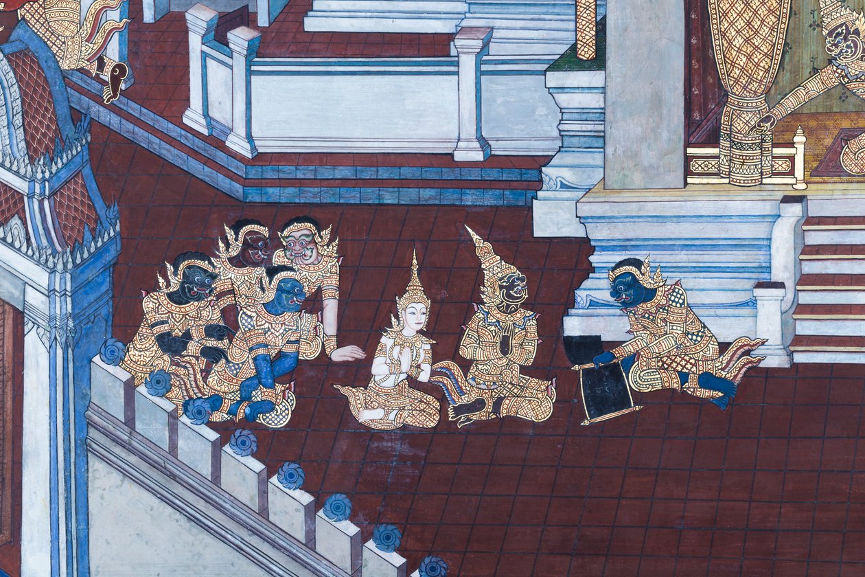 Seinämaalaus, joka kuvaa kohtauksia Ramayanasta Wat Phra Kaeossa, Kuninkaallisesta palatsista, Bangkokista, Thaimaasta tekijältä Thai School