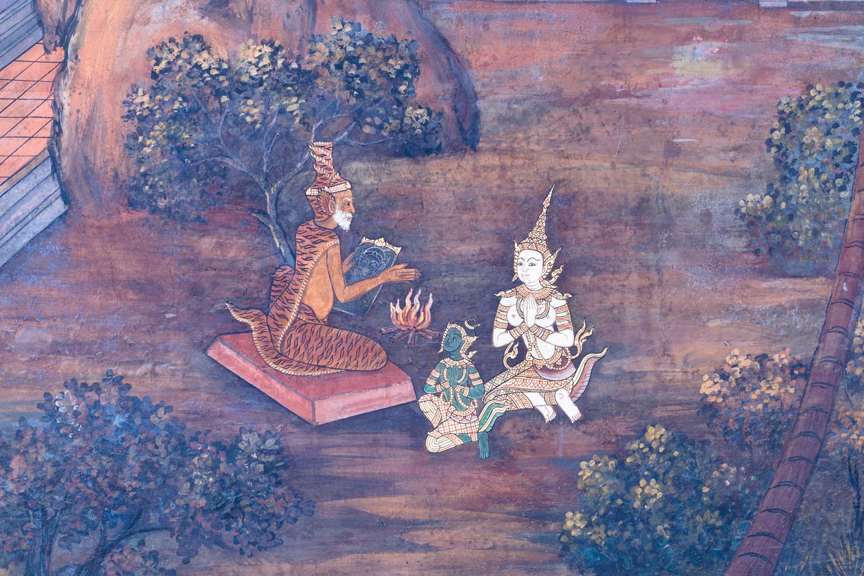 Seinämaalaus, joka kuvaa kohtauksia Ramayanasta Wat Phra Kaeossa, Kuninkaallisesta palatsista, Bangkokista, Thaimaasta tekijältä Thai School