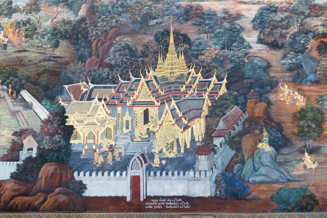 Seinämaalaus, joka kuvaa kohtauksia Ramayanasta Wat Phra Kaeossa, Kuninkaallisesta palatsista, Bangkokista, Thaimaasta tekijältä Thai School