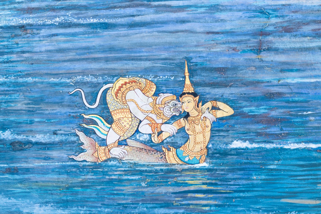 Seinämaalaus, joka kuvaa kohtauksia Ramayanasta Wat Phra Kaeossa, Kuninkaallisesta palatsista, Bangkokista, Thaimaasta tekijältä Thai School