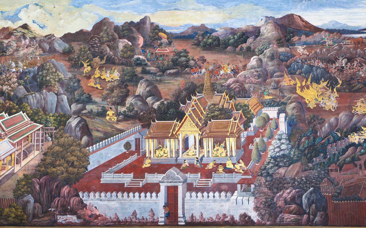 Seinämaalaukset, jotka kuvaavat kohtauksia Ramakialaisesta Wat Phra Kaeosta, Kuninkaallisesta palatsista, Bangkokista, Thaimaasta tekijältä Thai School