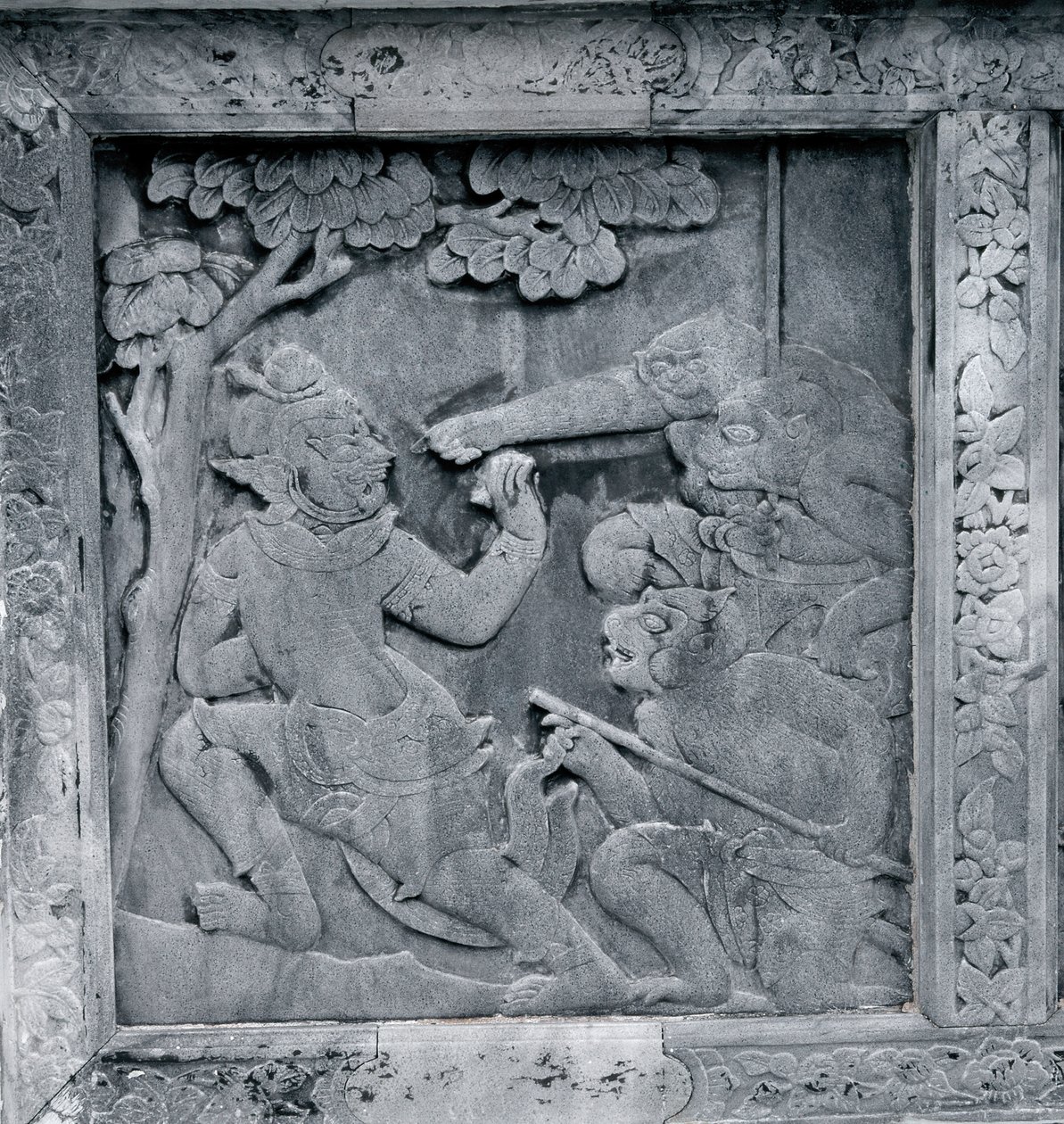 Yksi kohokuvioiden sarjasta, joka kuvaa Ramakienia (Ramayana) tekijältä Thai School