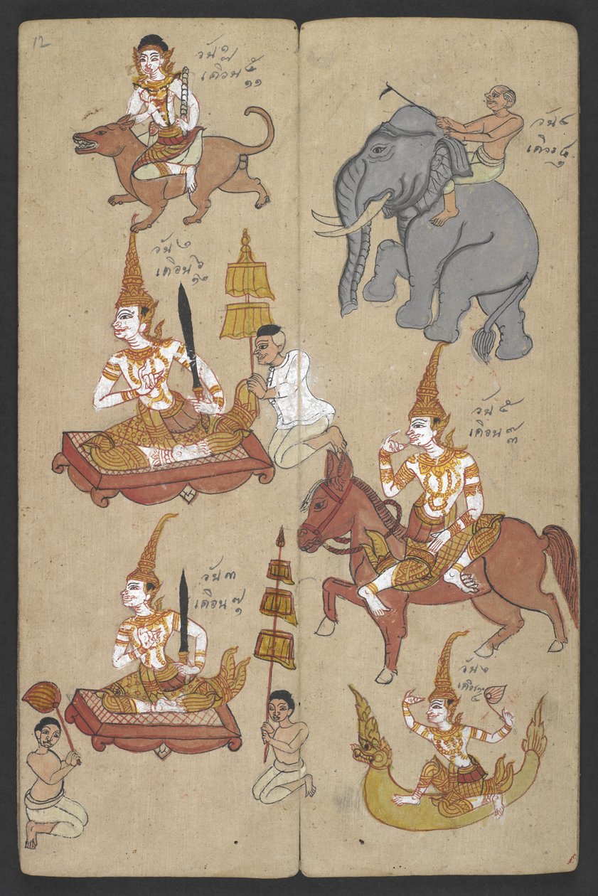 Tai 16455 f.12r, Animals from the Zodiac, from Phrommachat (pergamentti) tekijältä Thai School