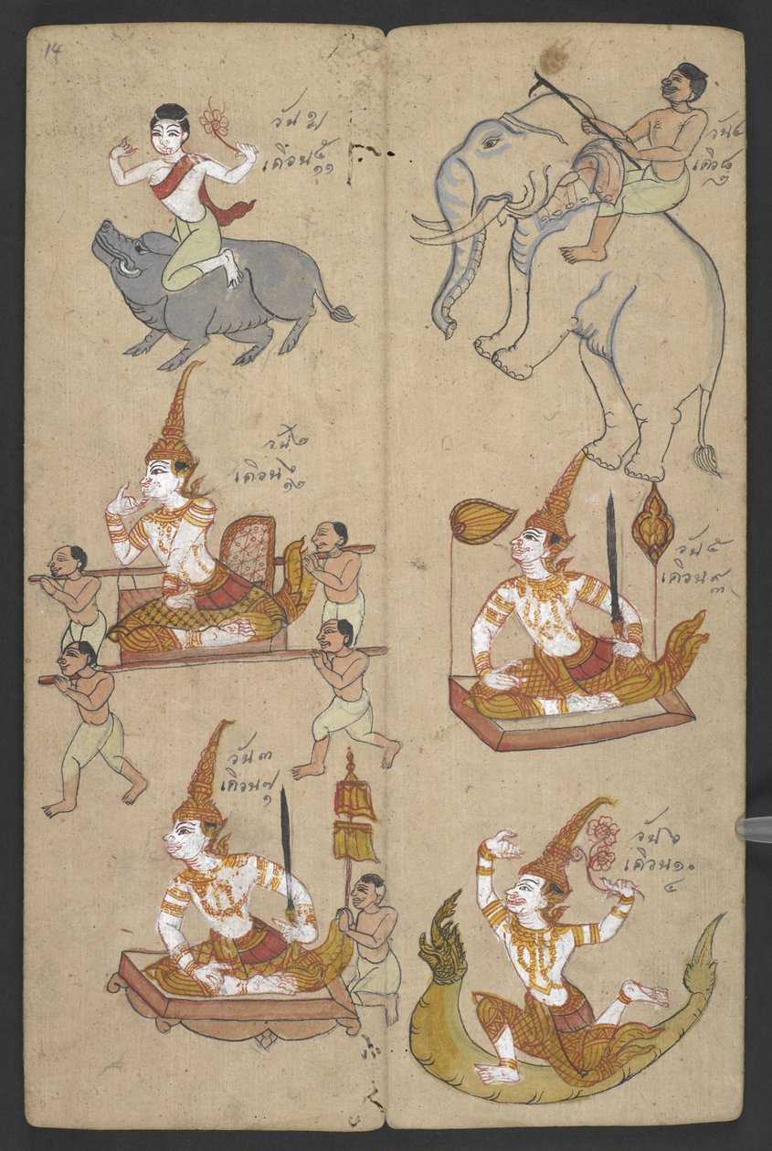 Tai 16455 f.14r, Animals from the Zodiac, from Phrommachat (pergamentti) tekijältä Thai School
