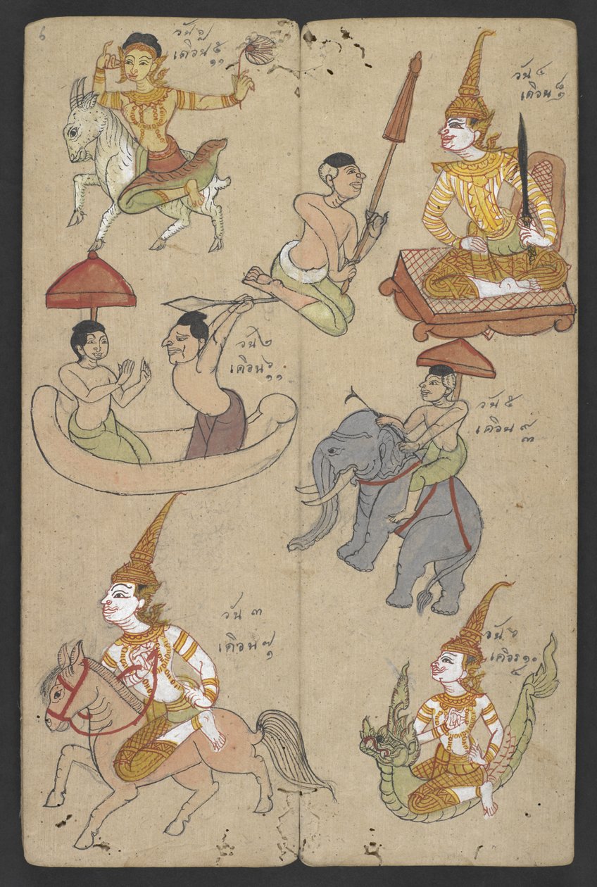 Tai 16455 f.6r, Animals from the Zodiac, from Phrommachat (pergamentti) tekijältä Thai School