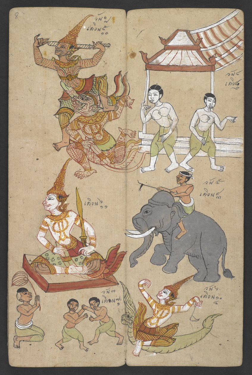 Tai 16455 f.8r, Animals from the Zodiac, from Phrommachat (pergamentti) tekijältä Thai School