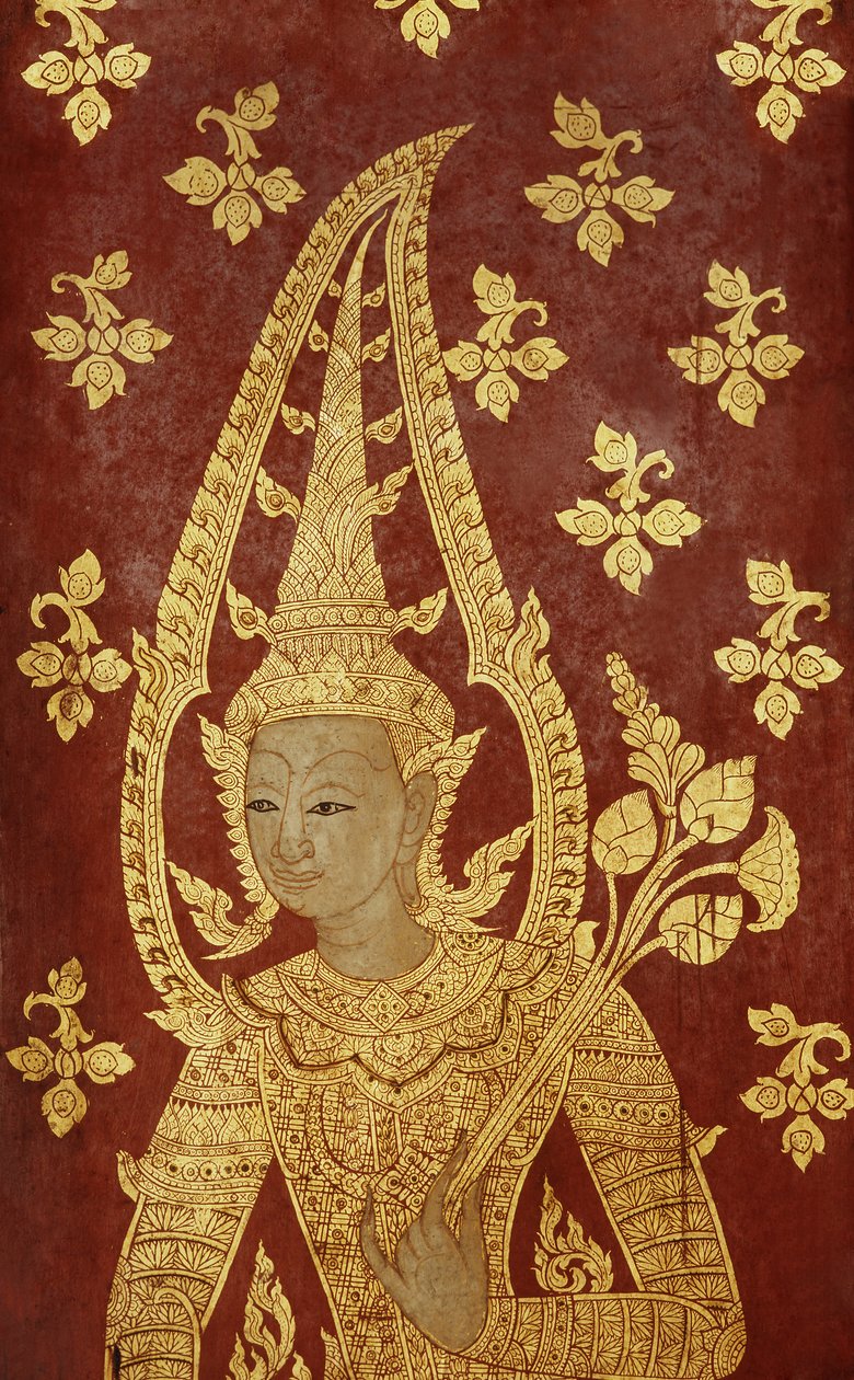 Rattanakosin tyylinen ovipaneeli jumaluuden kuvalla, n.1860 (maalattu puu) tekijältä Thai School