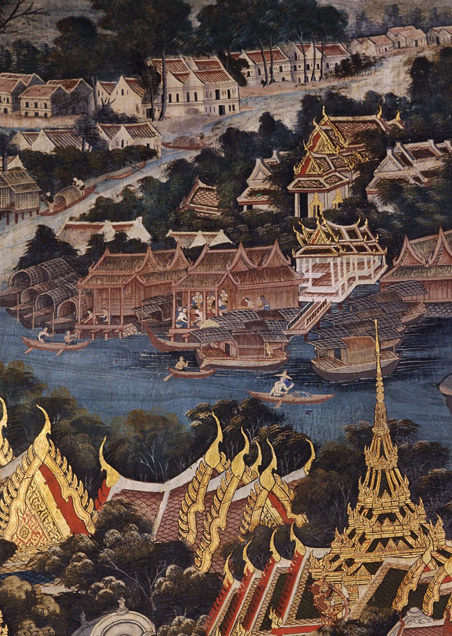 Näkymä Bangkokin kuninkaallisesta palatsista, Chao Phraya -joesta ja Tonburista, thaimaalaisia puisia taloja sekä kiinalaisia tiili- ja stukkoasuntoja, 1864 (seinämaalaus) tekijältä Thai School