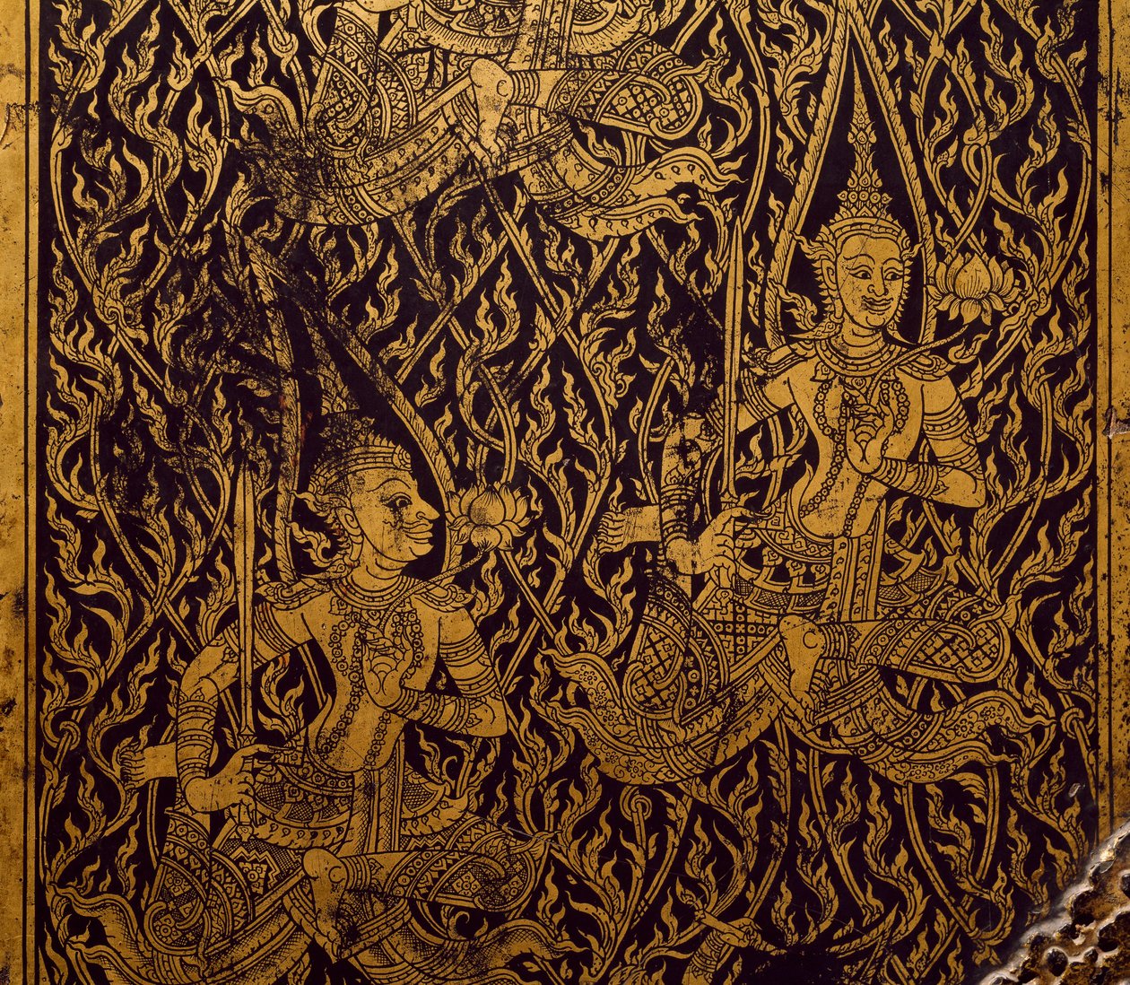 Vaatekaappi sutralle, veistetty ja lakattu puu, Bangkokista, Thaimaasta, Yksityiskohta, Thaimaan sivilisaatio, 1800-luvun alku tekijältä Thai School