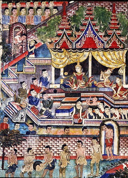 Wiharn Laikarn, jakso Jataka Sang Thongista (fresko) tekijältä Thai School