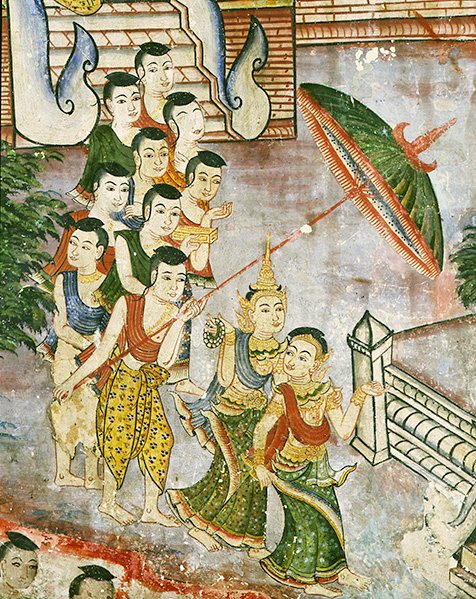 Wiharn Laikarn, jakso Jataka Sang Thongista (fresko) tekijältä Thai School