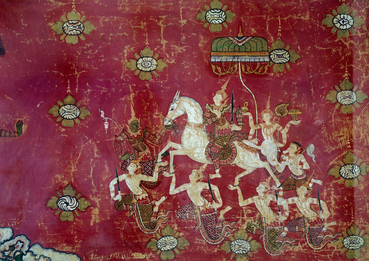 Buddhalaisuus: "" kohtaus Buddhan elämästä: Grand Depart"" Yksityiskohta maalauksesta kankaalle Thaimaasta. Aurinko 1,4x0,9 m Paris, Musee Guimet, Musee national des Arts Asians tekijältä Thai Thai