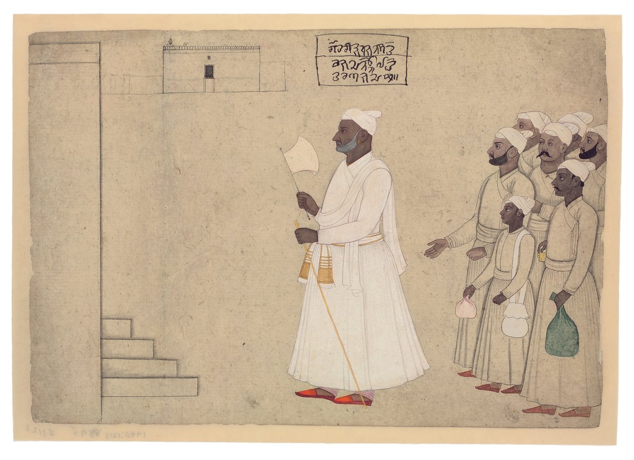 Pandit Hari Saran lähestyy palatsia, n. 1755-1760 (läpinäkymätön wc ja kultaa paperilla) tekijältä The Family of Nainsukh
