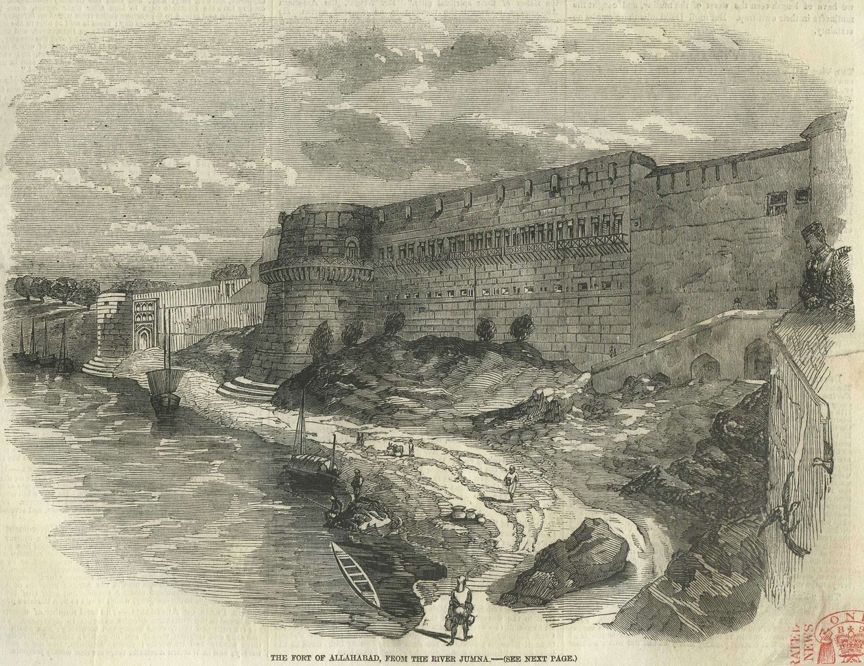Allahabadin linnoitus Jumna-joelta. tekijältä The Illustrated London News